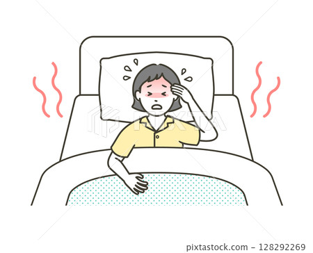 圖：一位年輕女子在熱帶的夜晚躺在床上，大汗淋漓，難以入睡 128292269