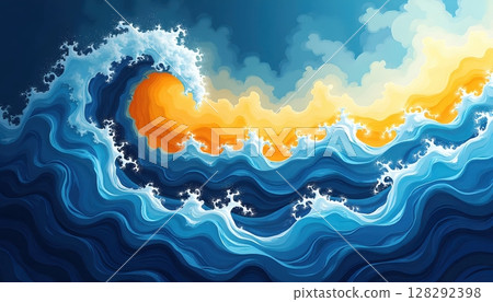 Energetic abstract wave design with flowing shapes in deep blue and vibrant yellow 128292398