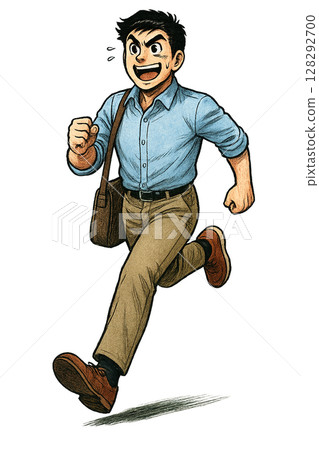 精力充沛地奔跑的商人的全身側視圖插圖，手繪風格的插圖，微笑著奔跑的商人，在遲到之前衝刺 128292700
