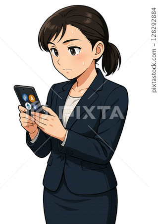 A woman in a suit operating a virtual currency app, a businesswoman concentrating on cryptocurrency trading, checking virtual currency on her smartphone 128292884