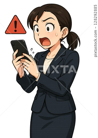 一名西裝革履的女子驚訝地發現智慧型手機上出現了一條警告訊息，一名女子驚訝地發現虛擬貨幣應用程式出現了問題，操作加密資產時也出現了警報。 128292885