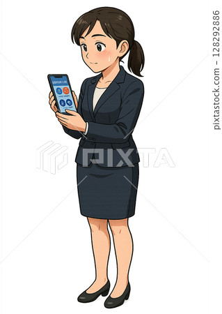 A woman in a suit checking her wallet on her smartphone, a woman checking her virtual currency assets, a woman operating a cryptocurrency app 128292886