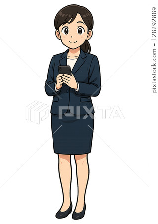Illustration of a woman in a suit holding a smartphone, a businesswoman operating a smartphone with a smile, a calm expression 128292889