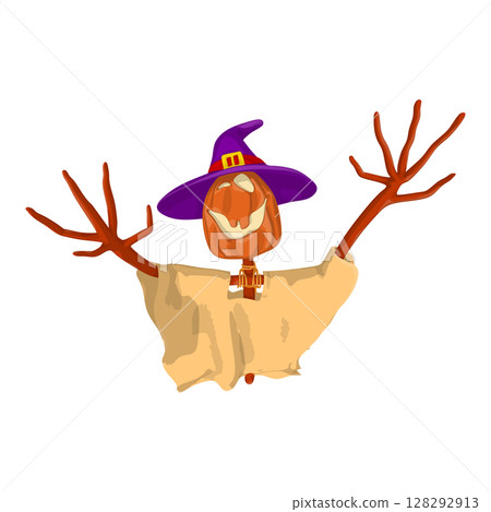 Halloween Scarecrow Lantern Jack pumpkin funny and cute. One of the symbols of the autumn holiday. Vector illustration. 128292913
