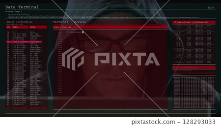 Image of data processing on computer screens over male hacker using computer Image of data processing on computer screens over male hacker using computer 128293033