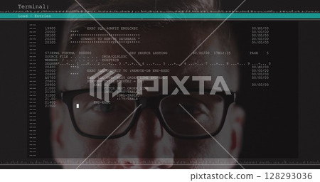 Image of data processing on computer screen over man wearing glasses 128293036