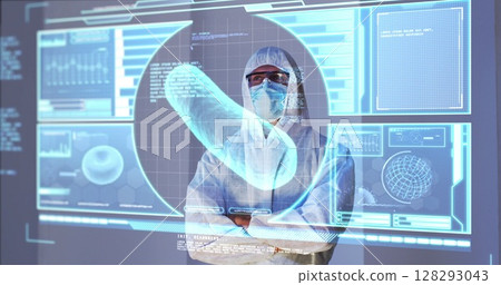 Image of scientist standing behind interactive screen with medical data processing 128293043