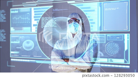 Image of male scientist behind interactive computer screen with medical data processing 128293050