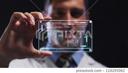 Image of male scientist holding digital screen with covid 19 cell 128293062