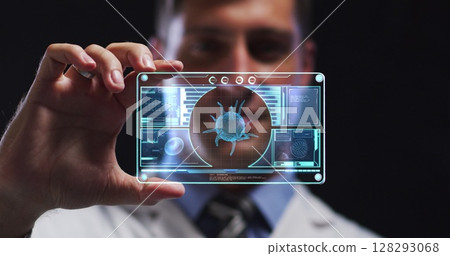 Image of male scientist holding digital screen with covid 19 cell Image of male scientist holding digital screen with covid 19 cell 128293068
