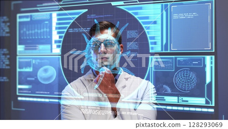 Image of male scientist behind digital screen with covid 19 cell and medical data Image of male scientist behind digital screen with covid 19 cell and medical data 128293069