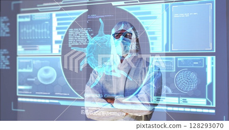 Image of male scientist behind digital screen with covid 19 cell and medical data 128293070