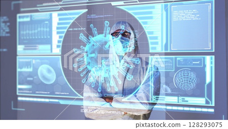 Image of male scientist behind digital screen with covid 19 cell and medical data 128293075