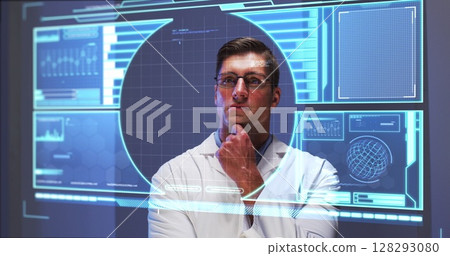 Image of male scientist behind digital screen with covid 19 cell and medical data 128293080