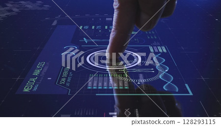 Image of man's finger touching interactive screen with medical data processing Image of man's finger touching interactive screen with medical data processing 128293115