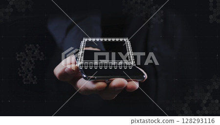 Image of digital model spinning over smartphone screen held by businessman Image of digital model spinning over smartphone screen held by businessman 128293116