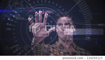 Image of man touching interactive screen with data processing and scope scanning Image of man touching interactive screen with data processing and scope scanning 128293123