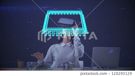 Image of woman wearing vr headset touching virtual screen with 3d model spinning 128293129