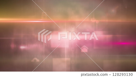 Colorful light trails against square shapes and digital icons on dark background 128293130