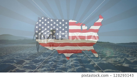 American flag waving over us map against couple holding hands running on the beach 128293143