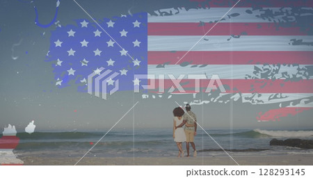 American flag with glitch effect against rear view of couple walking on the beach 128293145