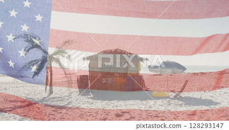 American flag with glitch effect against view of wooden beach bar at the beach American flag with glitch effect against view of wooden beach bar at the beach 128293147