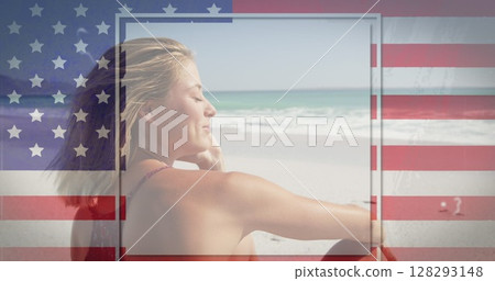 American flag with glitch effect against caucasian woman sitting on the beach 128293148