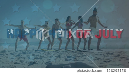 Independence day text against group of friends practicing surf boarding at the beach Independence day text against group of friends practicing surf boarding at the beach 128293158