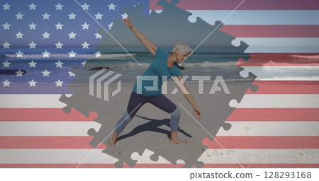 Image of fireworks and american flag jigsaw puzzles revealing senior woman exercising on beach 128293168