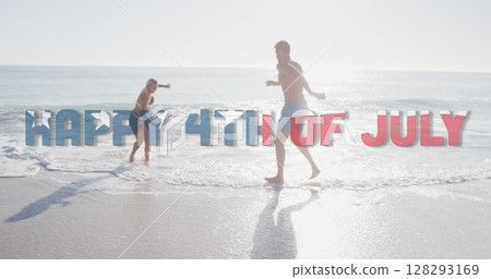 Image of happy 4th of july text with american flag pattern over couple splashing in sea 128293169