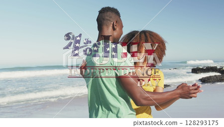 Image of 4th of july independence day text with american flag pattern, couple dancing on beach Image of 4th of july independence day text with american flag pattern, couple dancing on beach 128293175