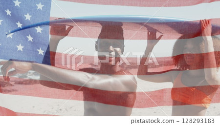 American flag waving against african american couple carrying surfboard on the beach American flag waving against african american couple carrying surfboard on the beach 128293183