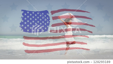 American flag waving against african american woman with scarf running on the beach 128293189