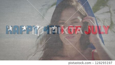 Image of happy 4th of july text with american flag pattern over woman with surfboard on beach Image of happy 4th of july text with american flag pattern over woman with surfboard on beach 128293197