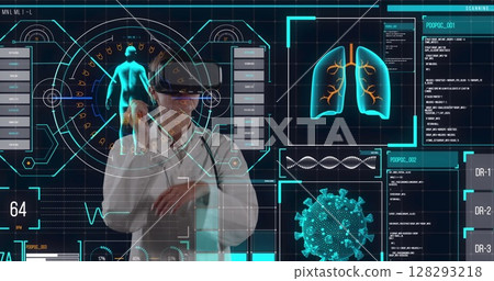 Digital interface with medical data processing against female doctor using vr headset 128293218
