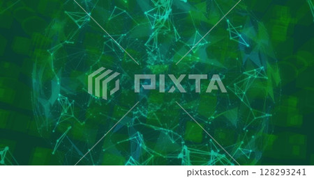 Image of networks of connections spinning over glowing globe on green background 128293241