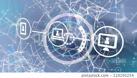 Digital icons and network of connections against round scanner on blue background 128293254