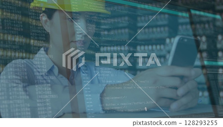 Computer data processing against female caucasian architect using smartphone Computer data processing against female caucasian architect using smartphone 128293255