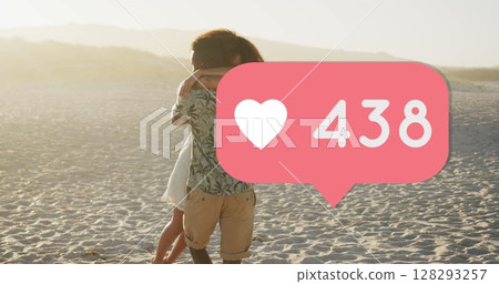 Heart icon with increasing numbers against african american couple hugging each other on the beach 128293257