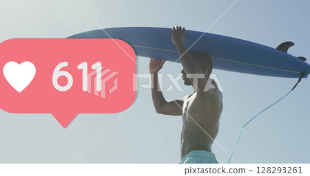 Image of speech bubble with heart icon and numbers over man carrying surfboard on beach Image of speech bubble with heart icon and numbers over man carrying surfboard on beach 128293261