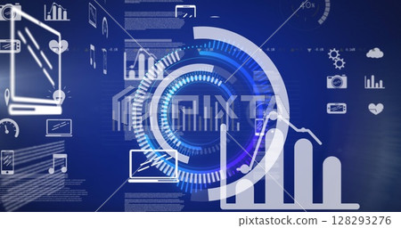 Image of scope scanning and data processing with digital icons over blue background Image of scope scanning and data processing with digital icons over blue background 128293276