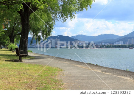 A promenade along Lake Biwa and Ishiyama on the opposite shore 128293282