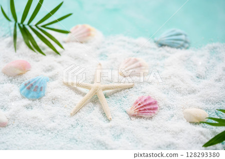 Summer image background of sandy beach and sea 128293380