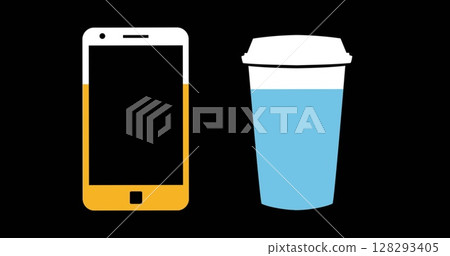 Smartphone and coffee cup on black background, representing modern lifestyle essentials 128293405