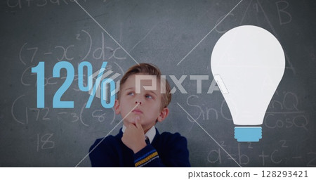 In school, boy in uniform pondering math problem with light bulb graphic In school, boy in uniform pondering math problem with light bulb graphic 128293421