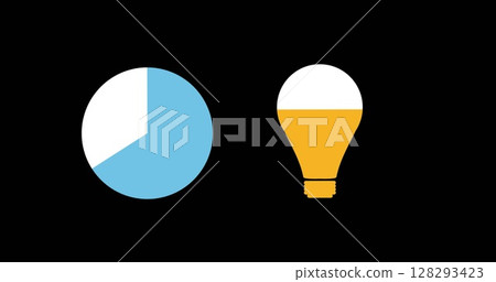 Blue pie chart and yellow light bulb icon on black background, symbolizing ideas 128293423