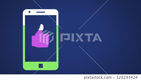 Displaying colorful thumbs-up icon, smartphone symbolizing approval and positivity Displaying colorful thumbs-up icon, smartphone symbolizing approval and positivity 128293424