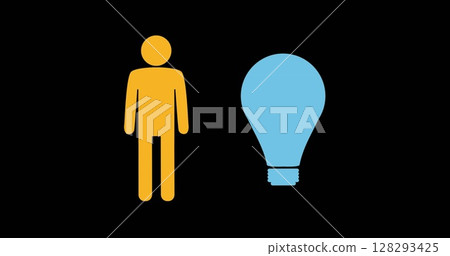 Person icon standing next to blue light bulb on black background, symbolizing ideas 128293425