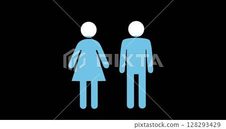 Simple blue restroom sign with male and female symbols on black background 128293429