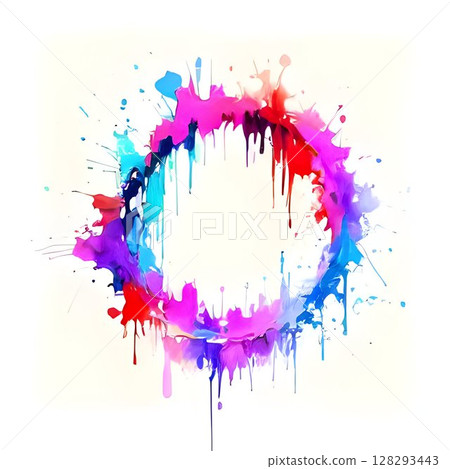 Colorful paint droplets cascading downward forming circular pattern, expressing dynamic artistic energy against neutral background with vivid paint splashes 128293443